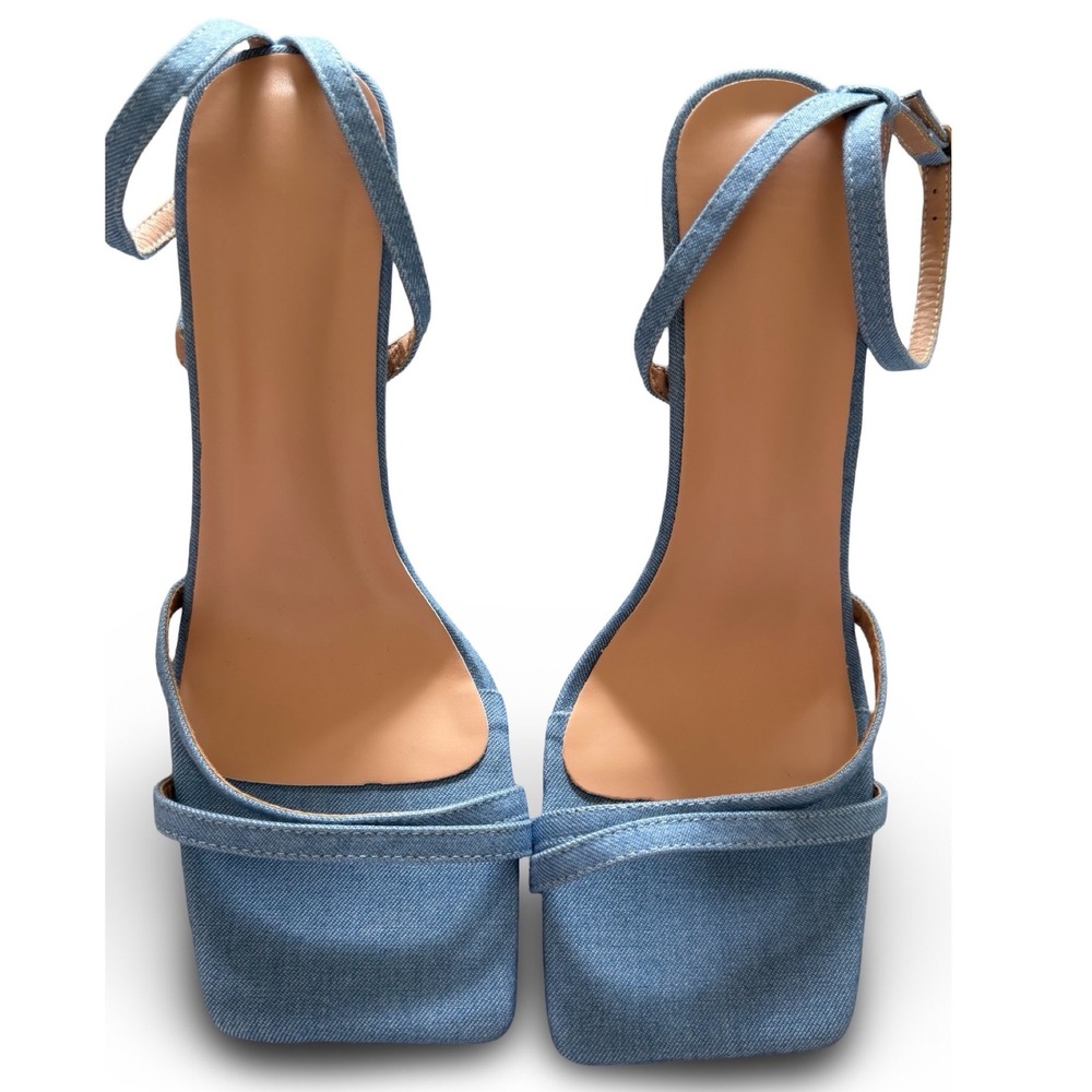 Light Blue Denim Strappy Square Toe Stiletto Heels Ankle Strap Sandals Sz 9 NEW - Picture 12 of 13